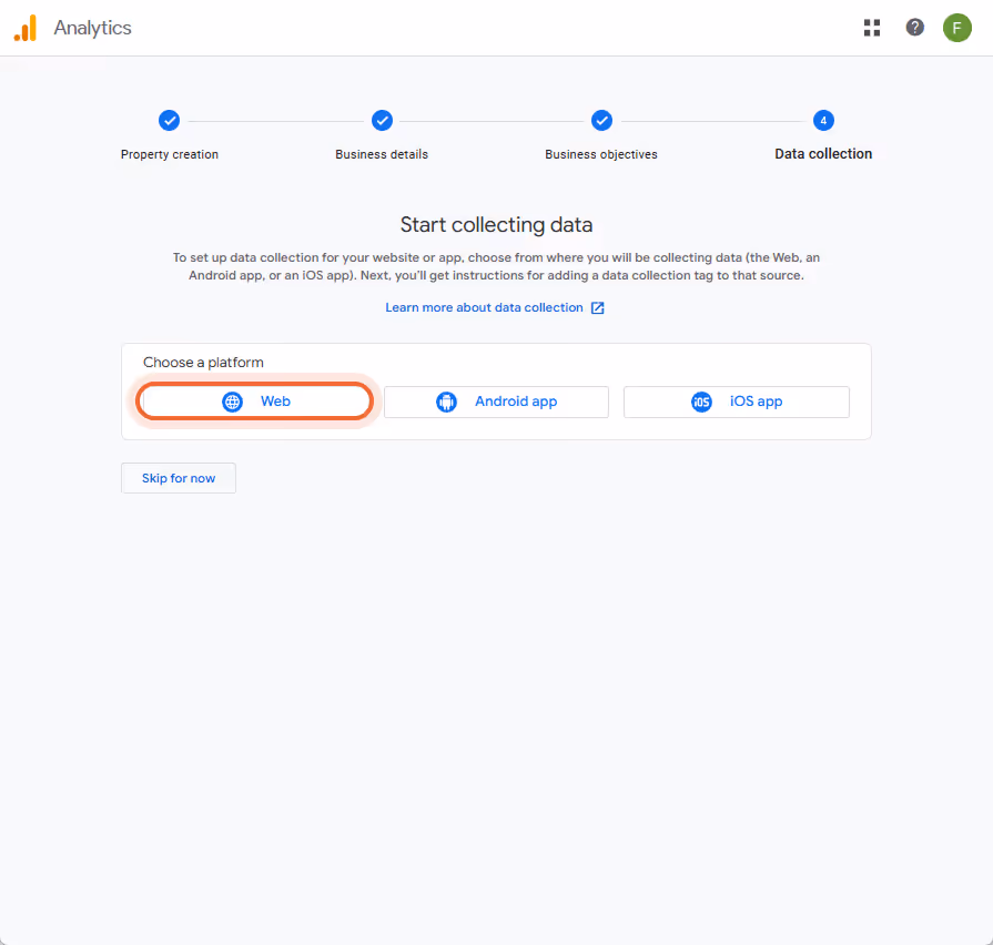 Interfaz de Google Analytics 4 con la opción 