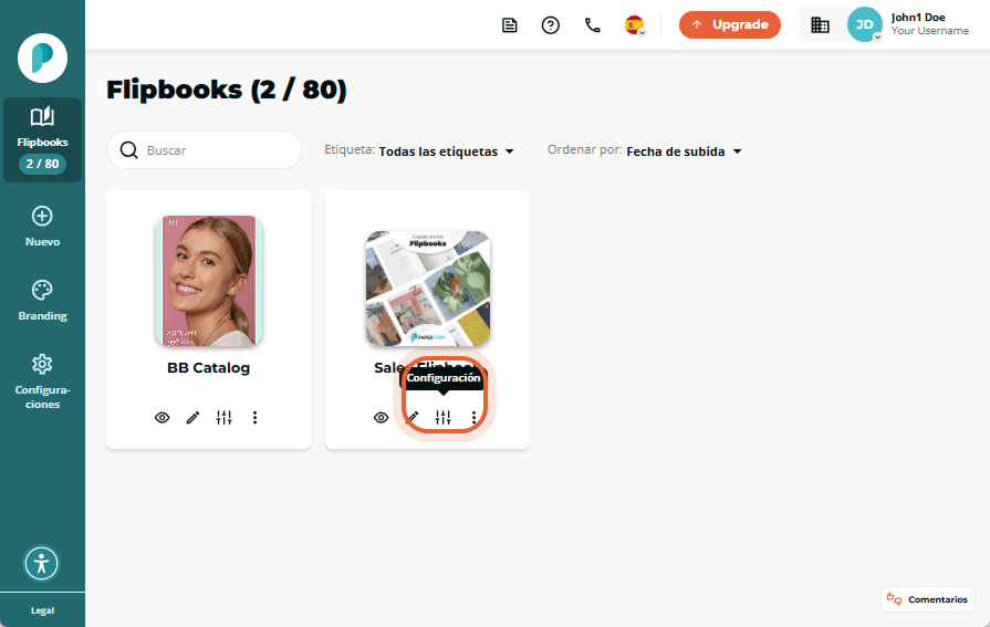 Panel de flipbooks con el icono de 