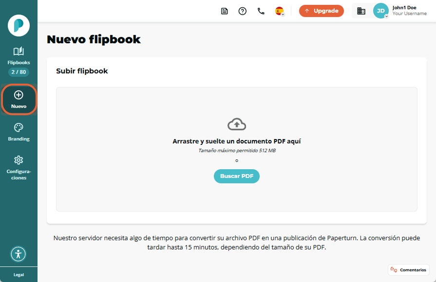 Panel de Paperturn en la vista Nuevo flipbook, con el botón ＋ Nuevo de la barra lateral rodeado y un