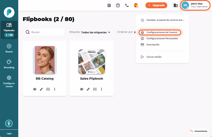 Página de flipbooks con el menú de perfil abierto; la opción Configuración de la cuenta en la lista Página de flipbooks con el menú de perfil abierto; la opción Configuración de la cuenta en la lista