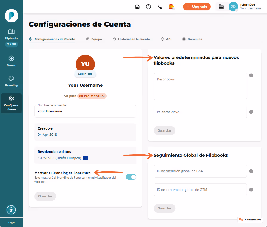 Pantalla de configuración de la cuenta que muestra la información de la cuenta, los campos predeter Pantalla de configuración de la cuenta que muestra la información de la cuenta, los campos predeter
