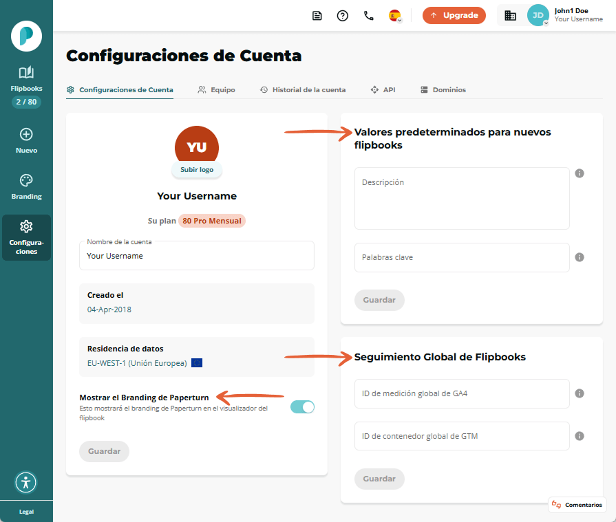  Pantalla de configuración de la cuenta que muestra la información de la cuenta, los campos predeter