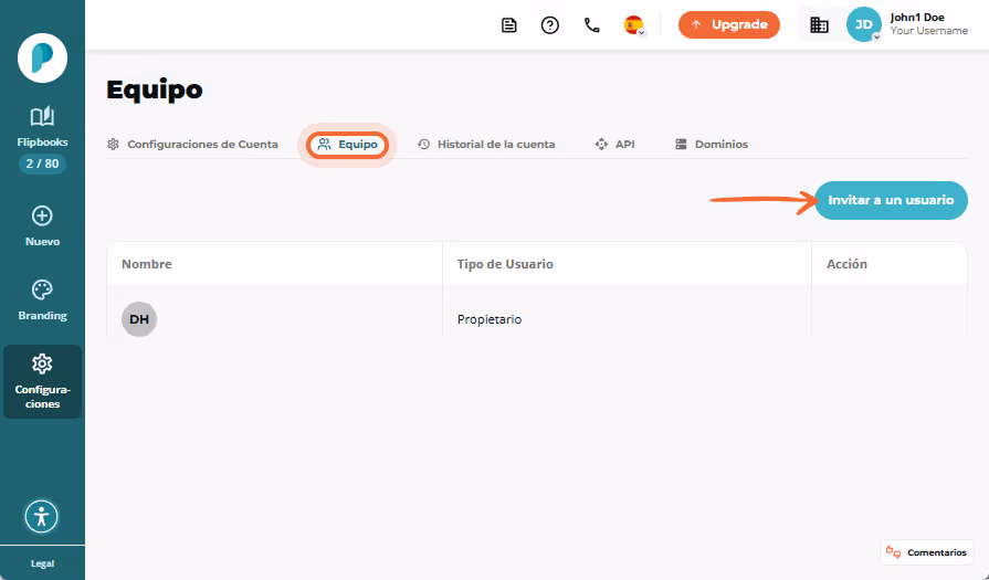 Captura de pantalla de la plataforma que muestra cómo un usuario puede navegar a la función Equipo p Captura de pantalla de la plataforma que muestra cómo un usuario puede navegar a la función Equipo p