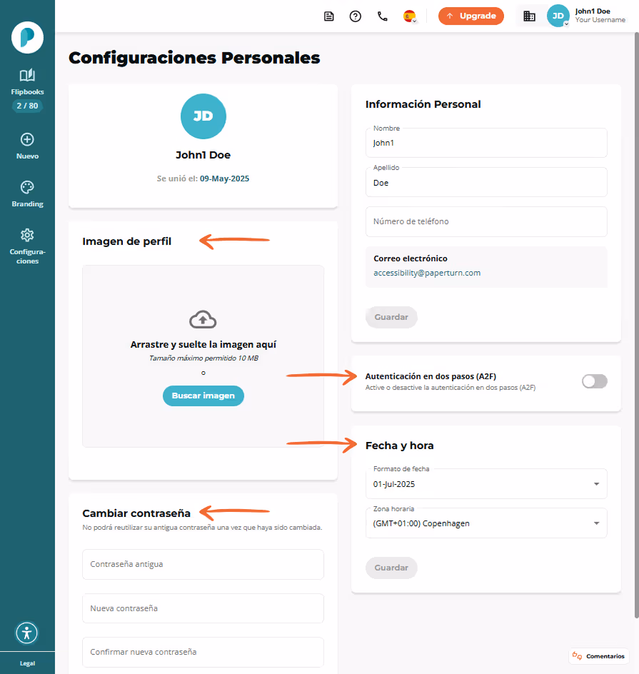 Página de configuración personal con avatar, cuadro de carga de imagen, campos de contacto, interrup Página de configuración personal con avatar, cuadro de carga de imagen, campos de contacto, interrup