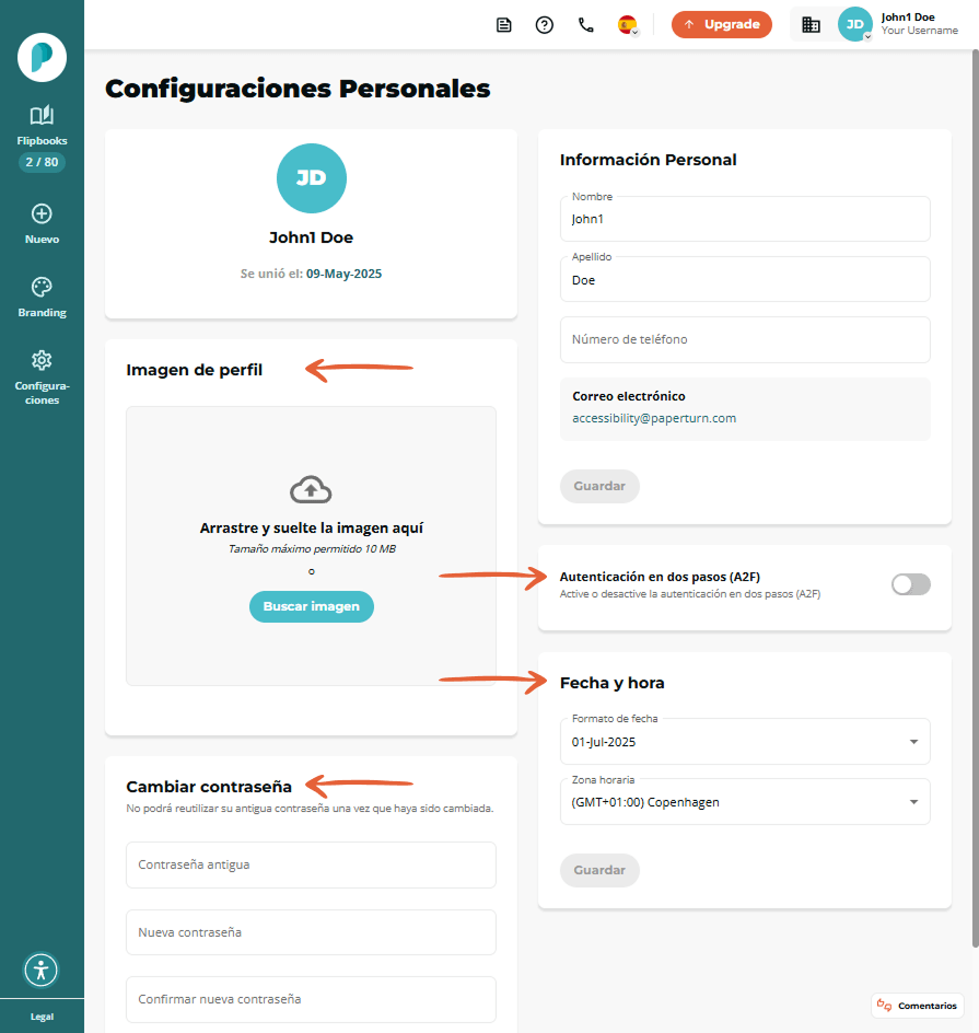 Página de configuración personal con avatar, cuadro de carga de imagen, campos de contacto, interrup