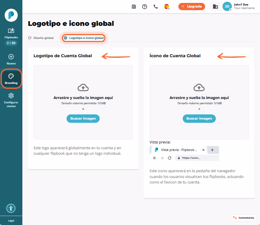 Página de logotipo e icono global de branding, con dos cuadros de carga para el logotipo de la cuent Página de logotipo e icono global de branding, con dos cuadros de carga para el logotipo de la cuent