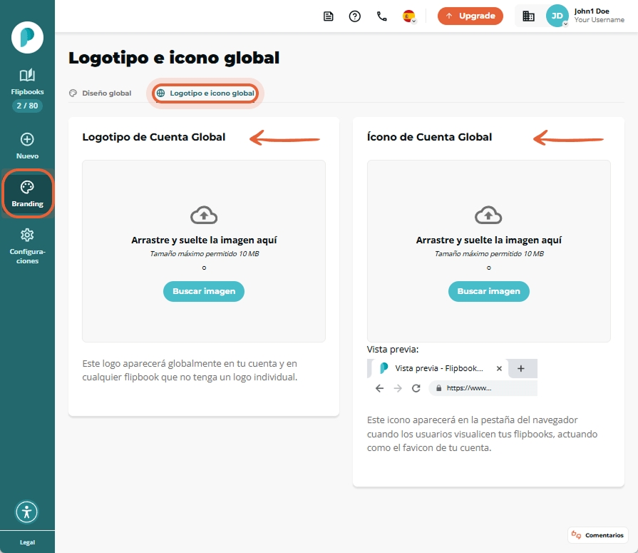 Página de logotipo e icono global de branding, con dos cuadros de carga para el logotipo de la cuent