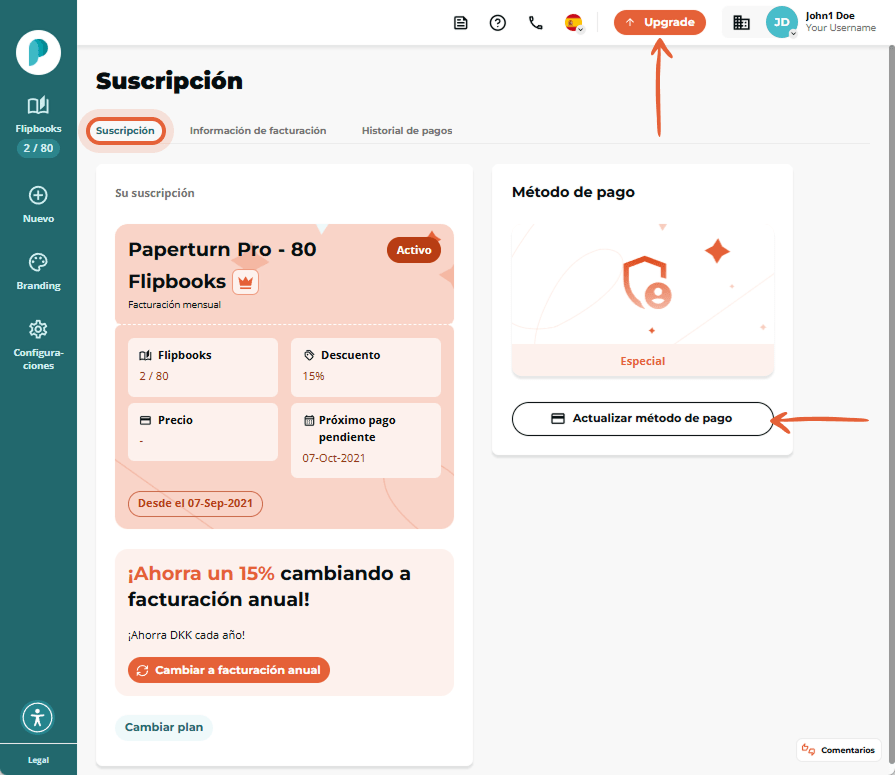 Página de suscripción que muestra la tarjeta del plan, el panel del método de pago con el botón Actu