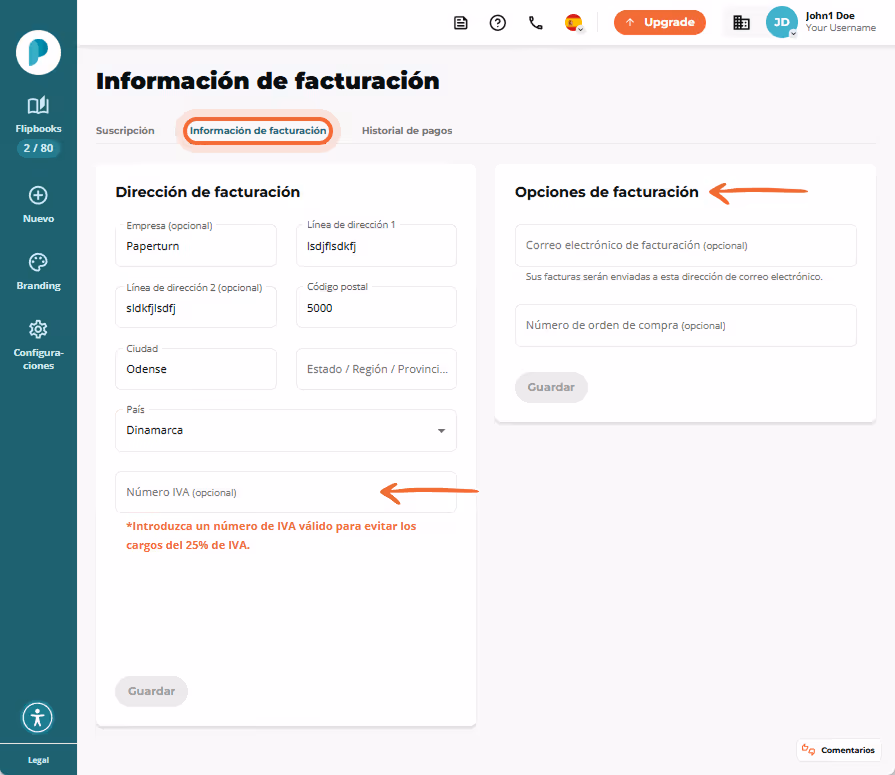 Pestaña Información de facturación seleccionada; los campos de dirección e IVA a la izquierda y las 
