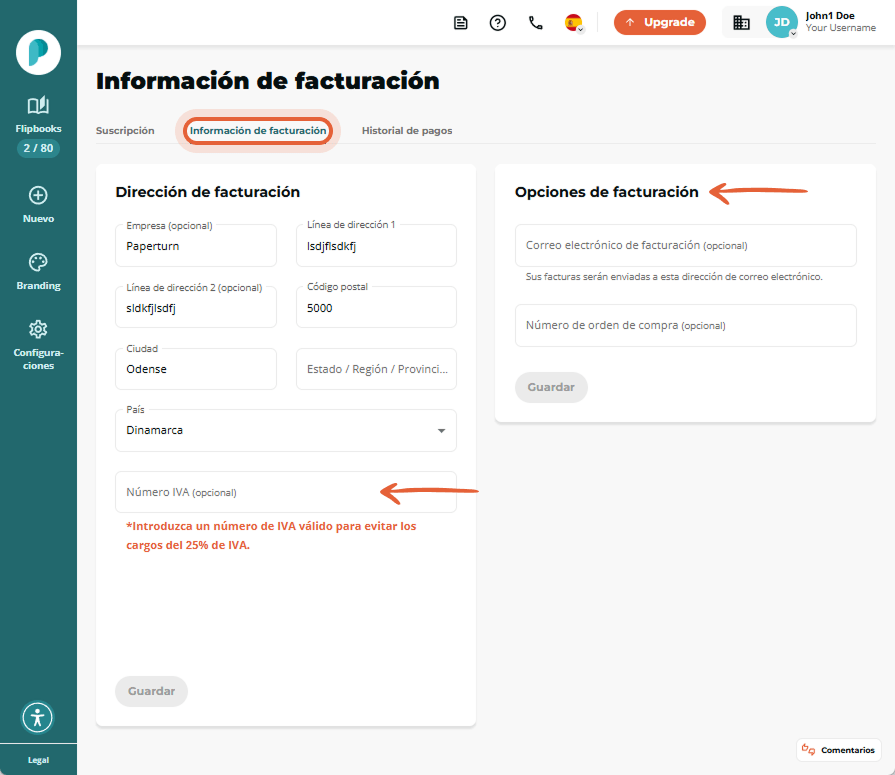 Pestaña Información de facturación seleccionada; los campos de dirección e IVA a la izquierda y las 
