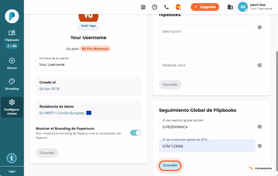 Página de configuración con nombre de cuenta, ubicación de datos y opciones de seguimiento global. E Página de configuración con nombre de cuenta, ubicación de datos y opciones de seguimiento global. E