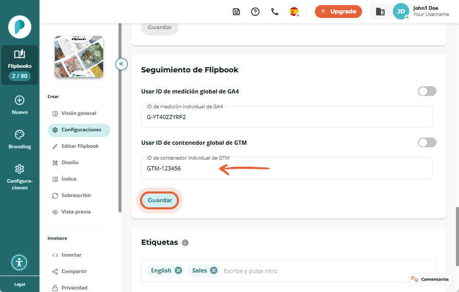 Página de configuración de Paperturn que muestra la sección de seguimiento del flipbook con interrup
