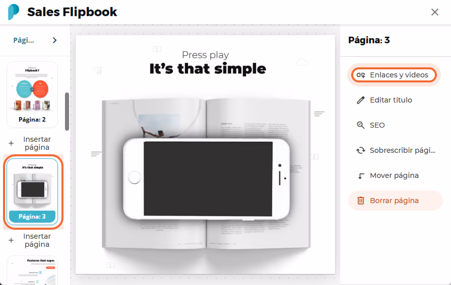 La página 3 del flipbook está seleccionada con el botón La página 3 del flipbook está seleccionada con el botón