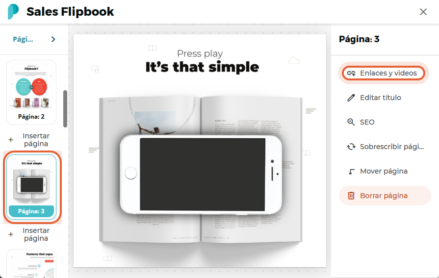 La página 3 del flipbook está seleccionada con el botón 