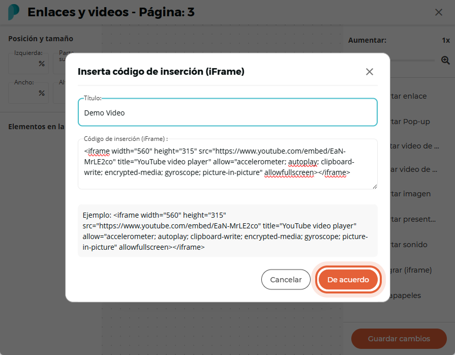 Se añade un código de inserción y un título para un video de YouTube titulado 