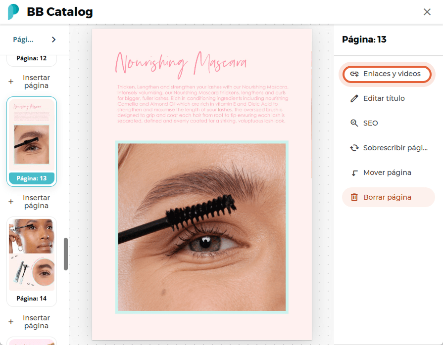 En la página 13 del flipbook BB Catalog, se resalta la opción “Enlaces y videos” para agregar conten