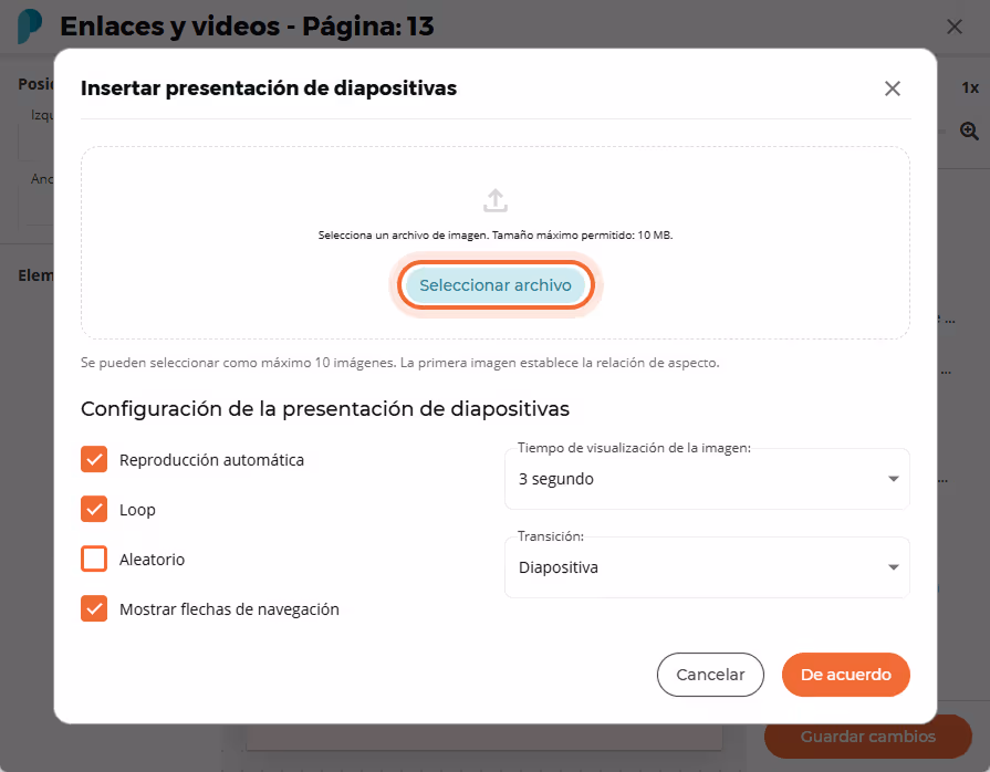 Se selecciona un archivo para subir imágenes a la presentación, y se muestran las configuraciones.