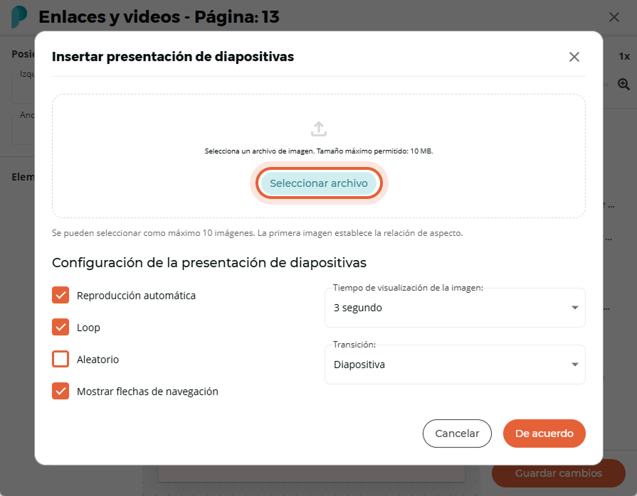 Se selecciona un archivo para subir imágenes a la presentación, y se muestran las configuraciones.