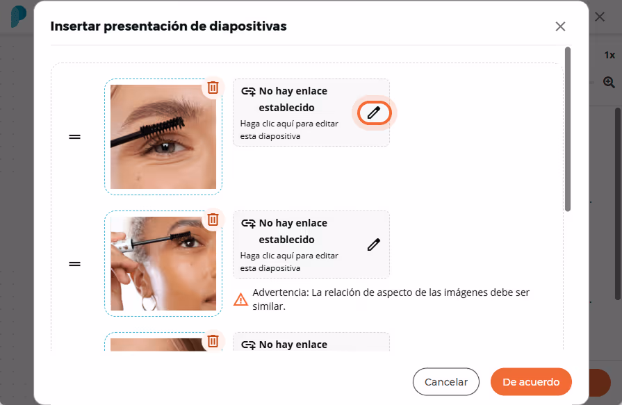Aparece una vista previa de la presentación con varias diapositivas; el icono de edición está resalt