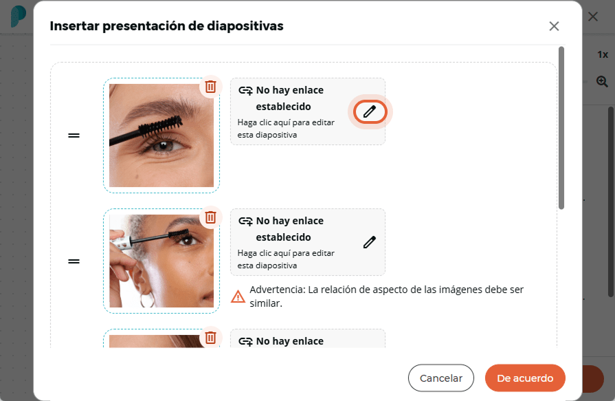 Aparece una vista previa de la presentación con varias diapositivas; el icono de edición está resalt