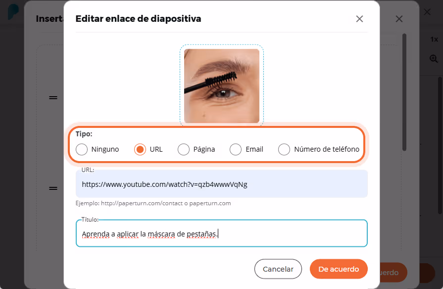 La ventana “Editar enlace de la diapositiva” muestra una URL de video y el título “Aprende a aplicar