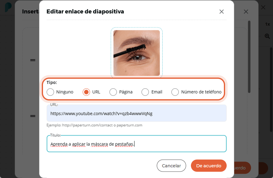 La ventana “Editar enlace de la diapositiva” muestra una URL de video y el título “Aprende a aplicar