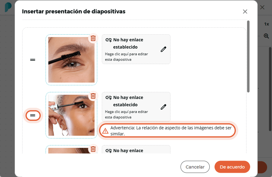 Un mensaje de advertencia aparece debajo de la segunda diapositiva indicando que la proporción de im