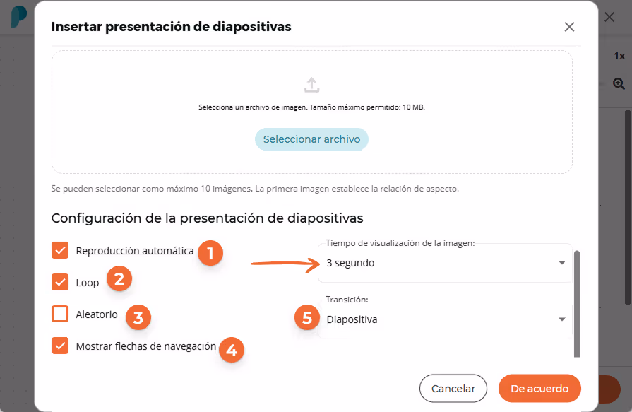 La configuración de la presentación muestra reproducción automática y bucle activados, con tiempo de