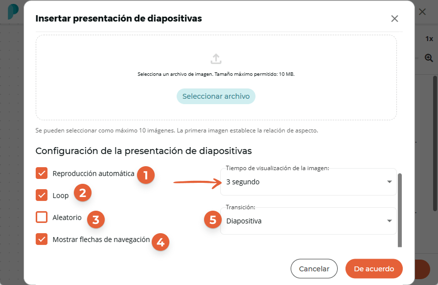 La configuración de la presentación muestra reproducción automática y bucle activados, con tiempo de