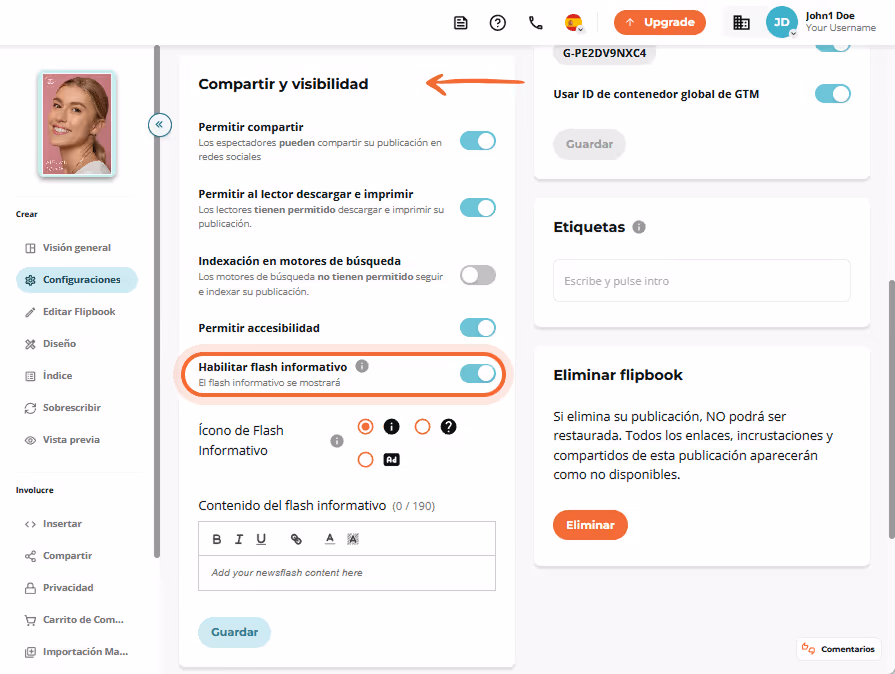 En la sección de Compartir y visibilidad, el usuario activa el interruptor de Newsflash.