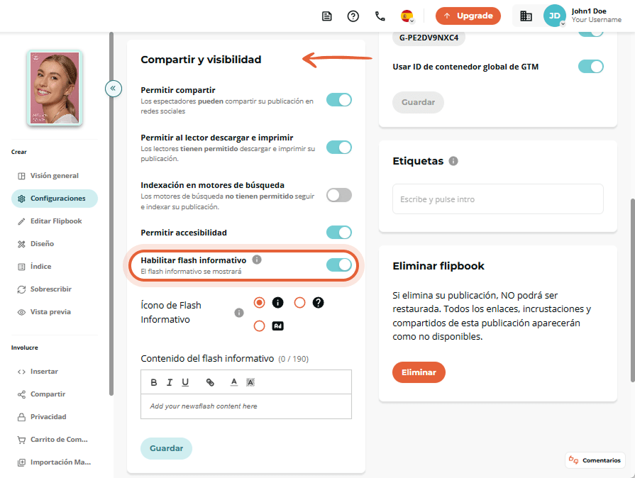 En la sección de Compartir y visibilidad, el usuario activa el interruptor de Newsflash.