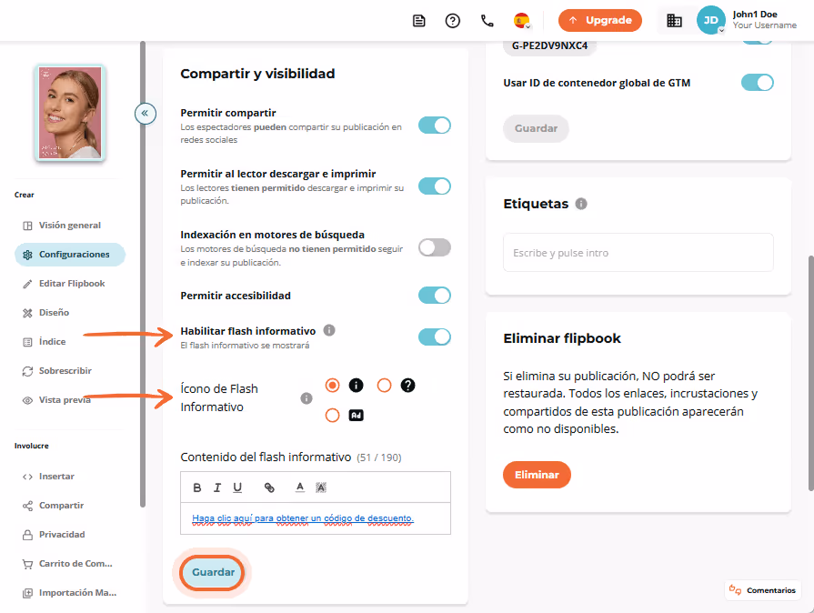 El usuario establece un icono de Newsflash y escribe un mensaje de descuento, luego hace clic en 