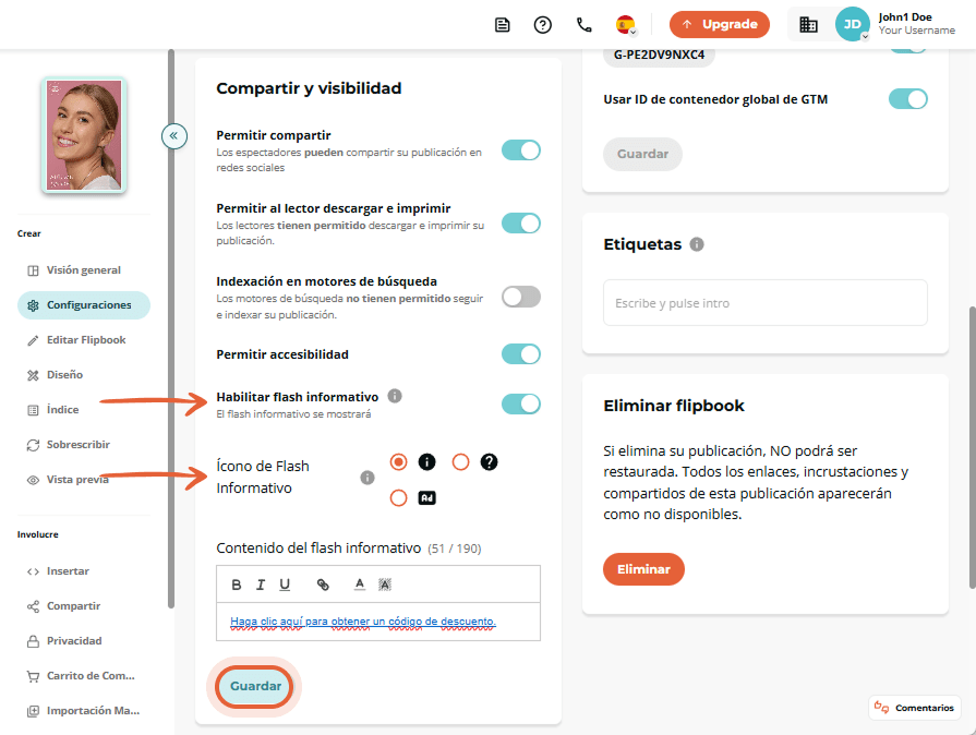 El usuario establece un icono de Newsflash y escribe un mensaje de descuento, luego hace clic en 
