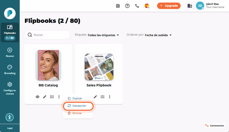 Interfaz de sobrescritura de flipbook que muestra el área de carga de arrastrar y soltar y el botón Interfaz de sobrescritura de flipbook que muestra el área de carga de arrastrar y soltar y el botón