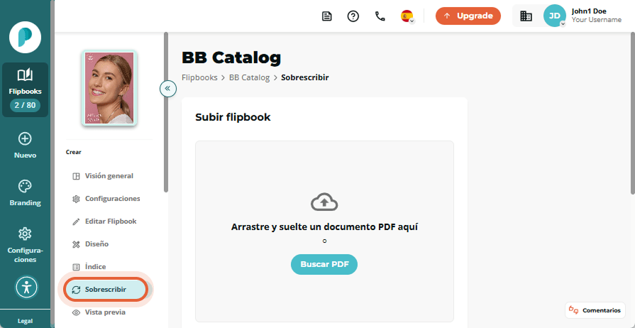 Panel de control de flipbook con menú de opciones abierto que muestra la selección 