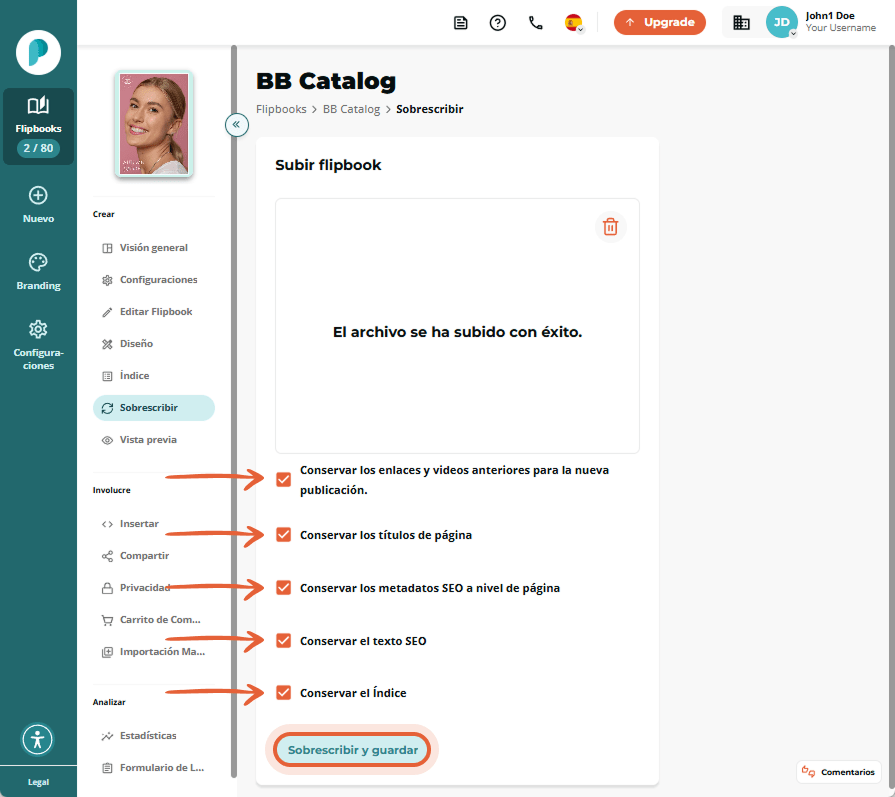 Flipbook subido con opciones de sobrescritura seleccionadas: conservar enlaces, títulos, SEO y tabla
