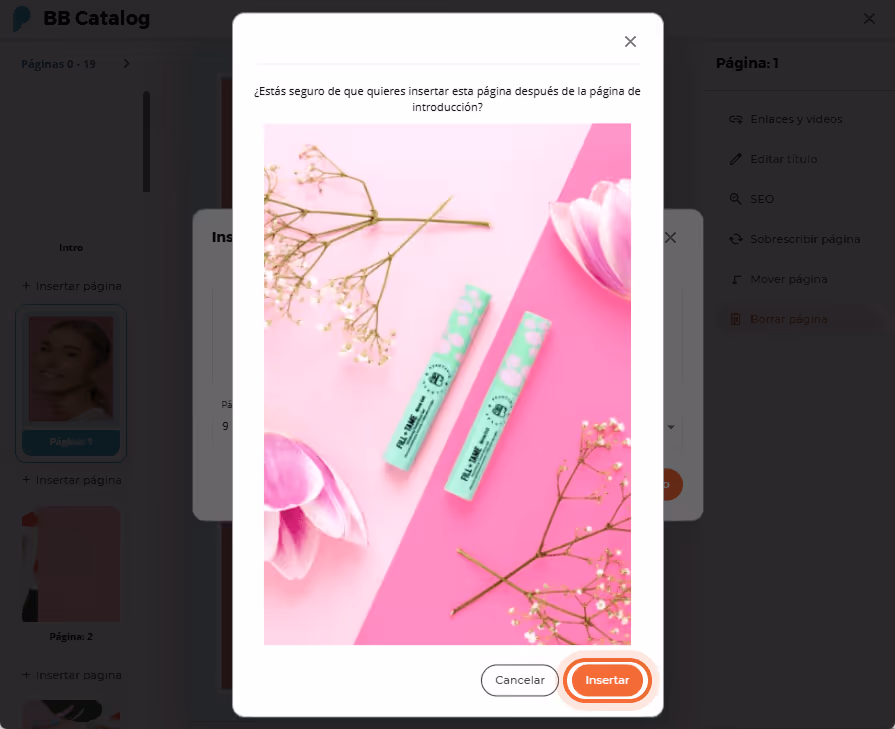 El usuario previsualiza la página recién insertada con productos BB sobre un fondo rosa El usuario previsualiza la página recién insertada con productos BB sobre un fondo rosa