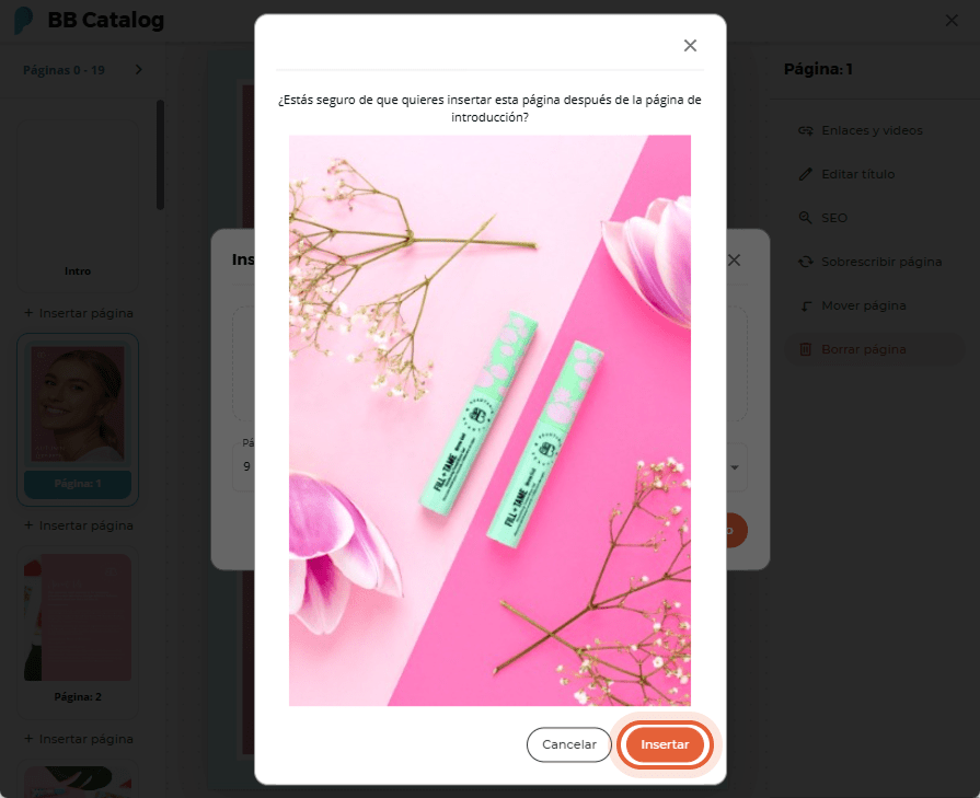 El usuario previsualiza la página recién insertada con productos BB sobre un fondo rosa