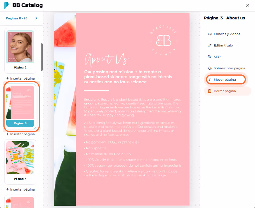 La página “Sobre nosotros” está seleccionada y el usuario hace clic en “Mover página” La página “Sobre nosotros” está seleccionada y el usuario hace clic en “Mover página”