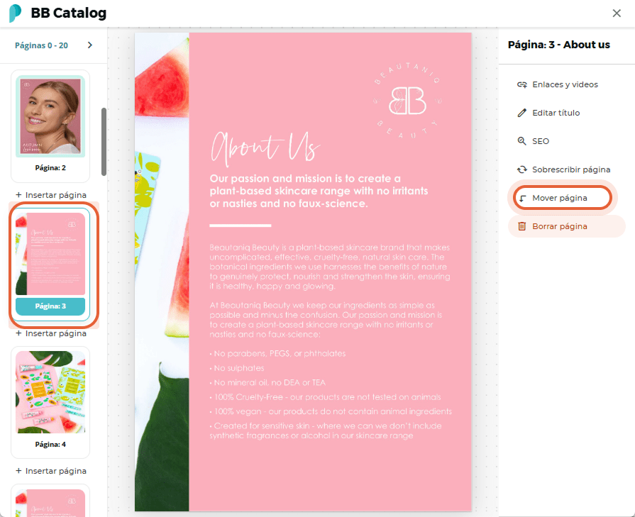 La página “Sobre nosotros” está seleccionada y el usuario hace clic en “Mover página”