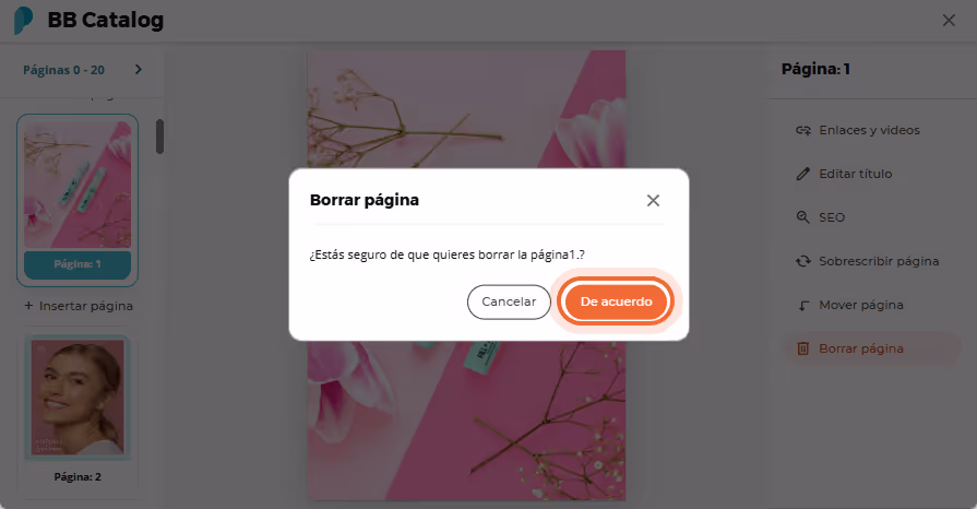 El usuario confirma la eliminación de la página 1 con imagen de producto El usuario confirma la eliminación de la página 1 con imagen de producto