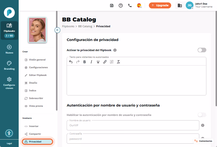 Página de privacidad del flipbook BB Catalog, todas las opciones desactivadas, incluida contraseña y