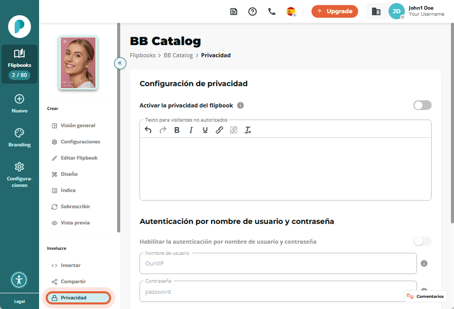 Página de privacidad del flipbook BB Catalog, todas las opciones desactivadas, incluida contraseña y