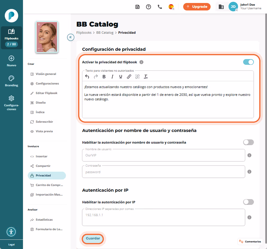 Configuración de privacidad activada en BB Catalog, con mensaje sobre actualización y fecha de dispo