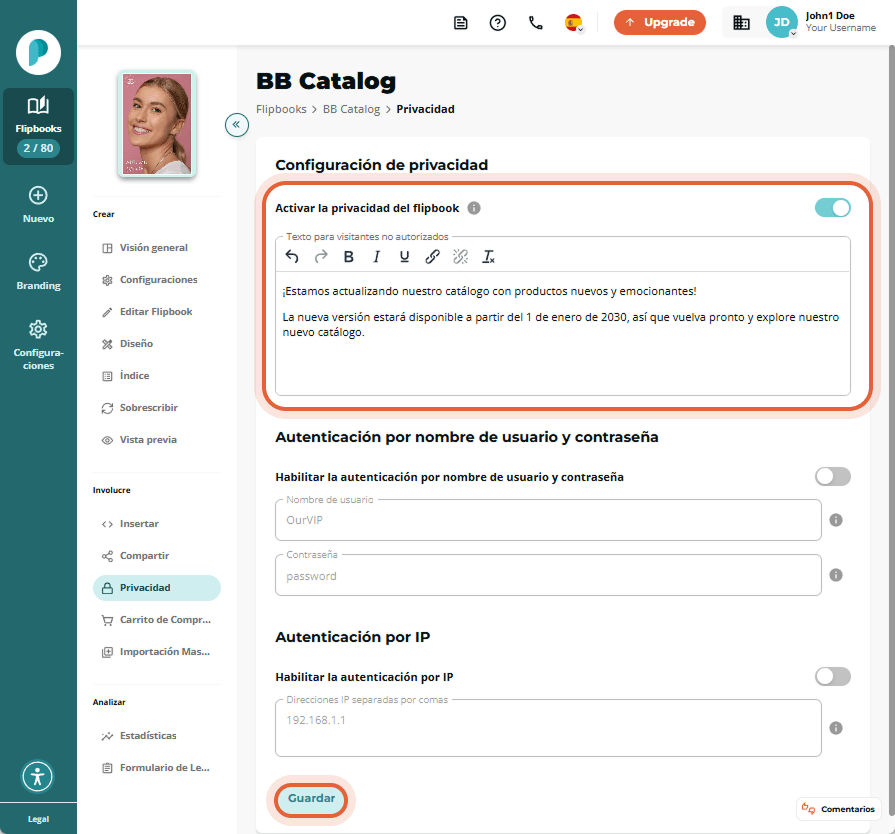 Configuración de privacidad activada en BB Catalog, con mensaje sobre actualización y fecha de dispo