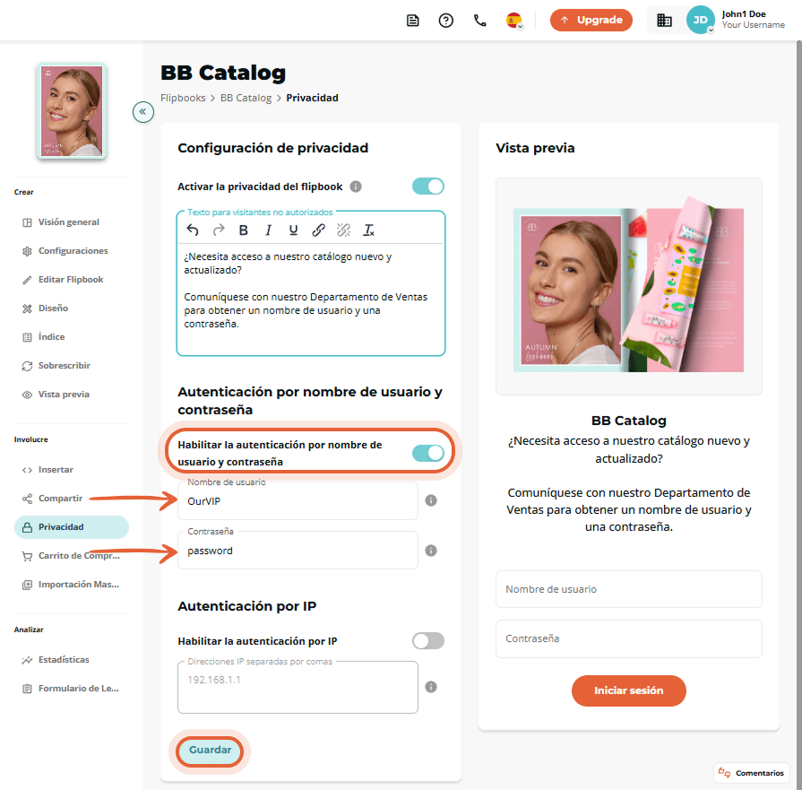 Página con privacidad y autenticación por usuario/contraseña activadas, y vista previa del mensaje y
