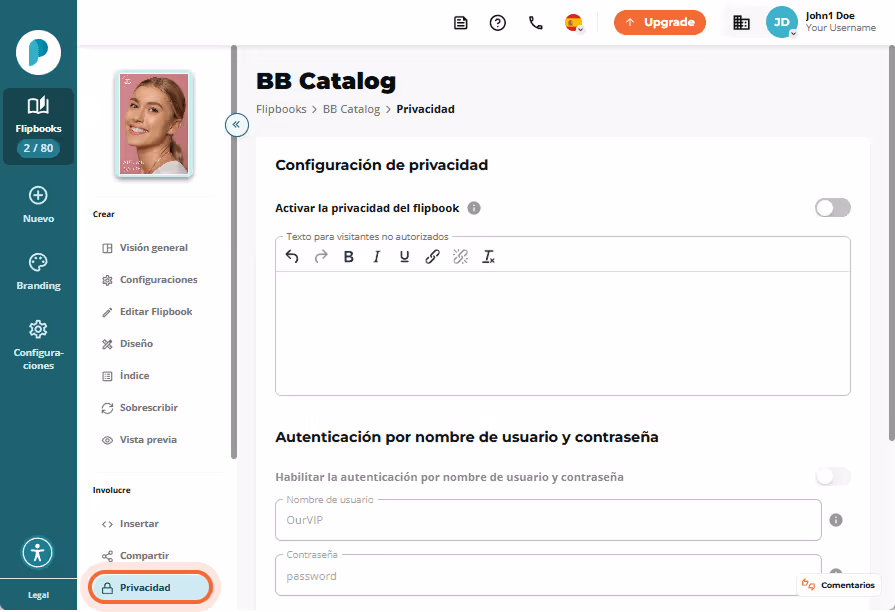 Configuración de privacidad con opciones de nombre de usuario/contraseña y autenticación IP