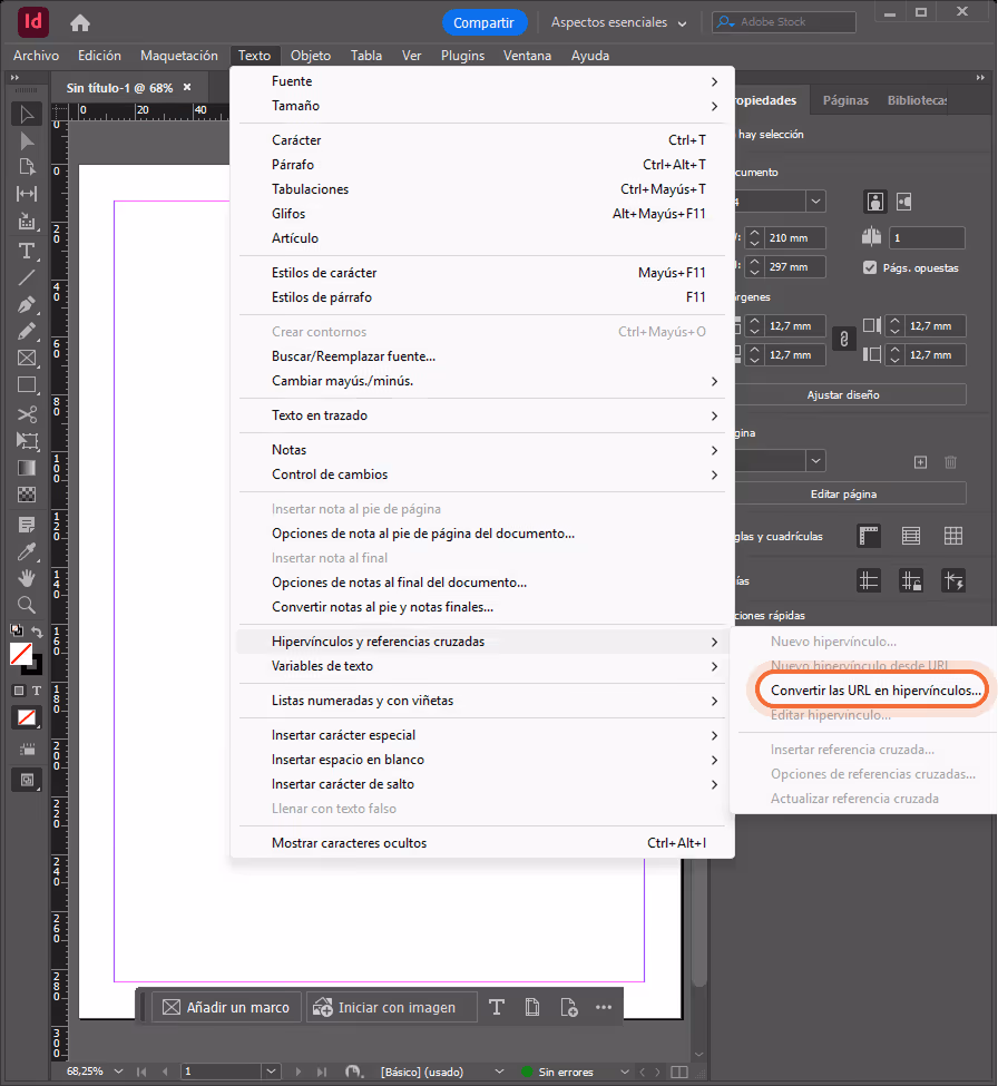 El menú Tipo de InDesign está expandido; en el submenú Hipervínculos y referencias cruzadas se resal