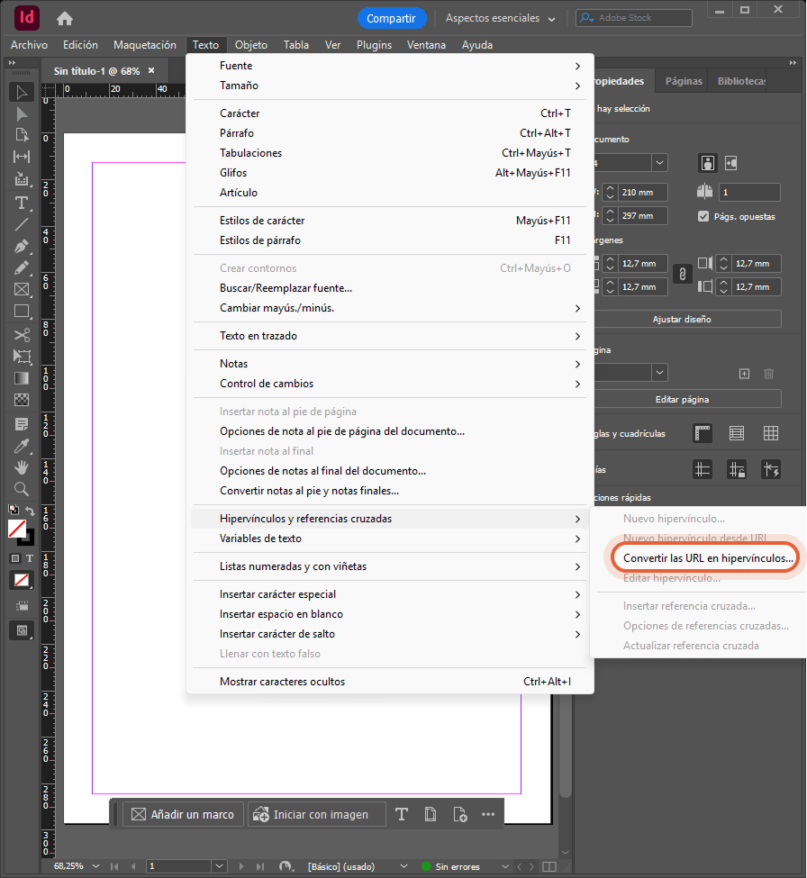 El menú Tipo de InDesign está expandido; en el submenú Hipervínculos y referencias cruzadas se resal