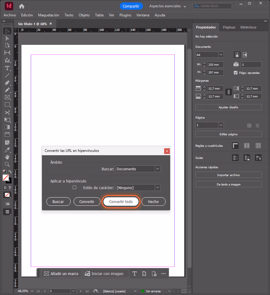 La ventana Convertir URL en hipervínculos de InDesign está abierta y el botón Convertir todo está re